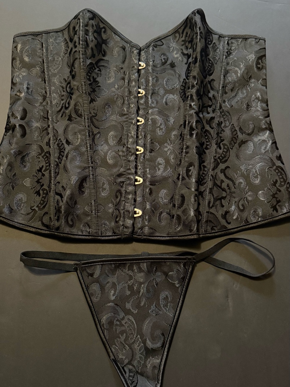 Black Brocade Underbust Corset Set with Matching Thong - Women Intimates